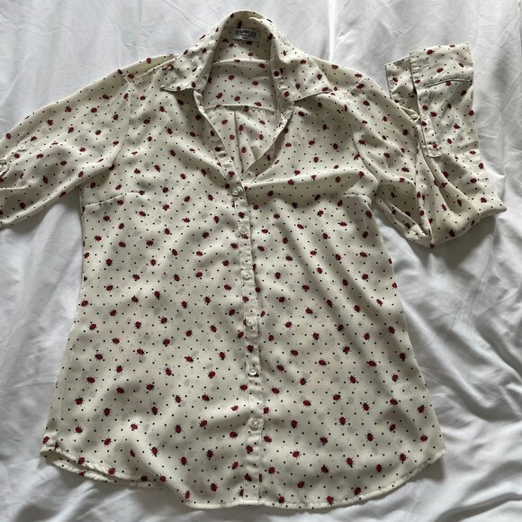 Express The Portofino Shirt Slim Fit Long Sleeves Ladybug Print Cream Womens M - Picture 2 of 7
